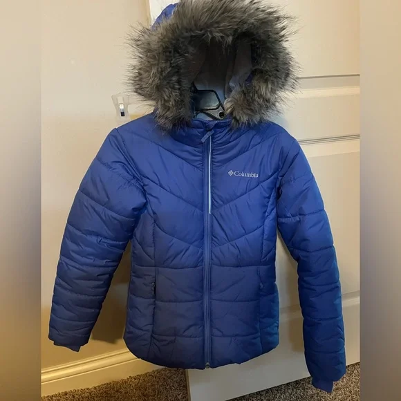 Girls Columbia Blue Fitted Puffer with Faux Fur Hood sz Med - Picture 1 of 12